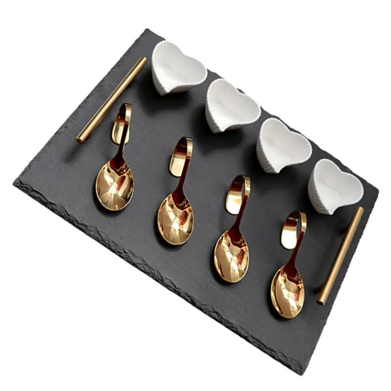 Mail order western style shrink wrap golden spoon golden handle pizza steak slate plate set slate serving board