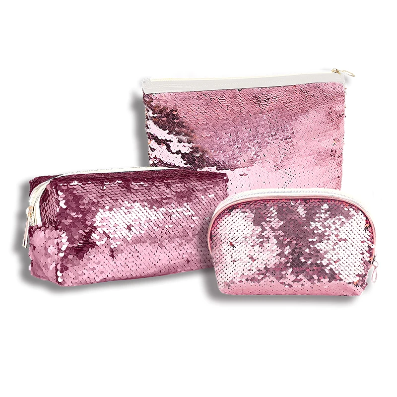 Pink Goldfish scales bling makeup bag Mermaid Reversible Sequin Clutch Glitter Cosmetic Bag set