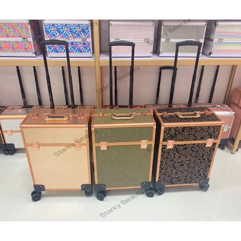 2024 Professional Aluminum Makeup Trolley Case Beauty suitcase Organizer Rolling Cosmetic Train Case Removable 4-wheel