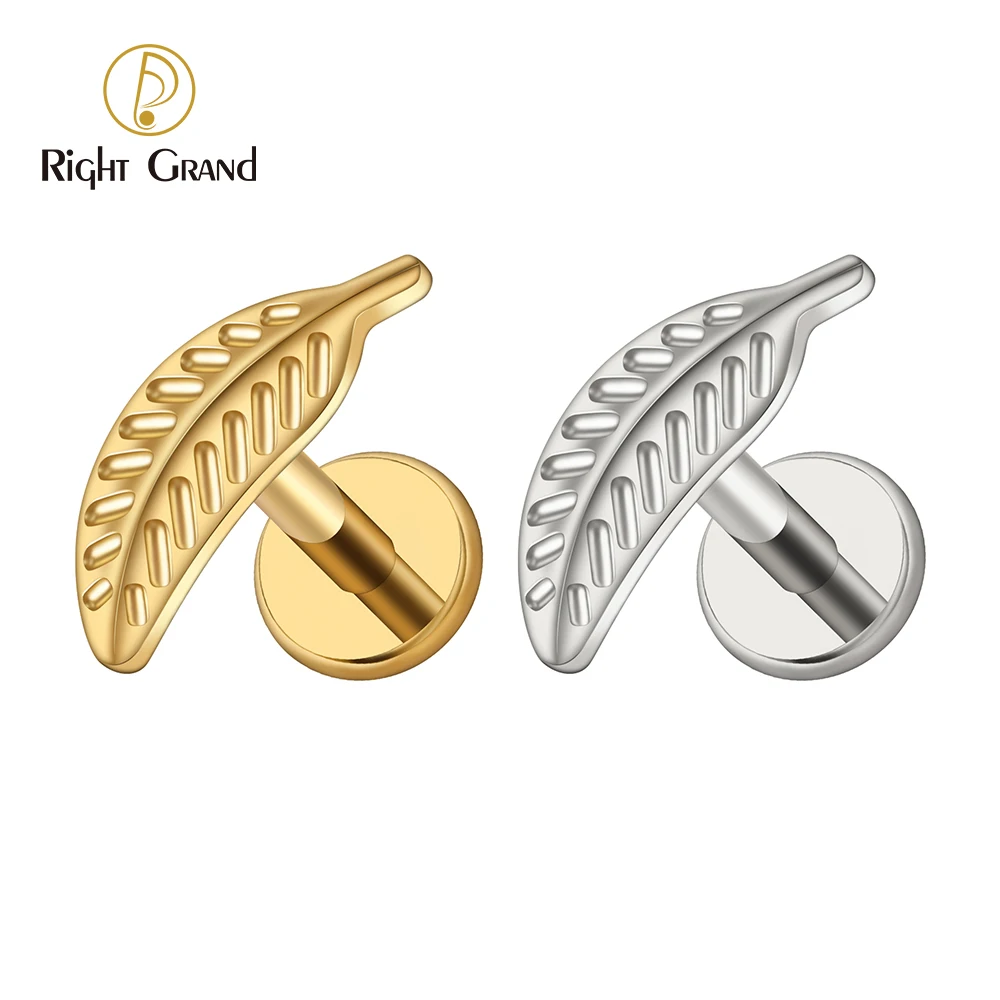 Right Grand ASTM F136 Titanium 16G Leaf Cartilage Stud Earring Feather Tragus Helix Ear Flat Piercing Jewelry