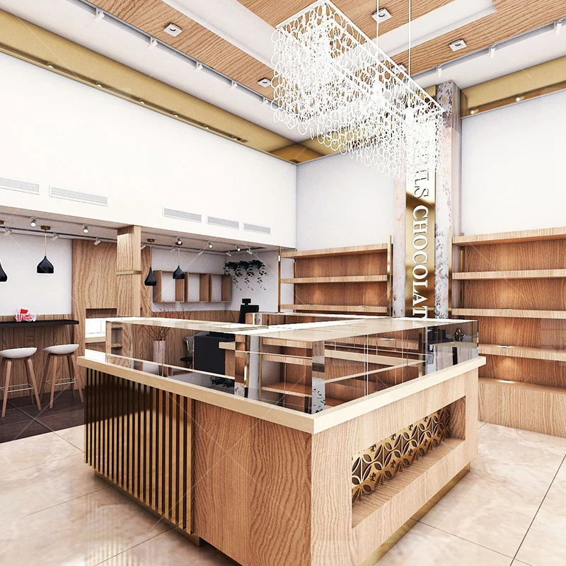 Luxury Wooden Retail Chocolate Display Furniture Chocolate Store Design Desserts Nuts Food Custom Chocolate Showcase