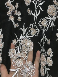 Wholesale Black African French Net Tulle Mesh Glitter Rhinestone Lace Fabric Shiny Flower Sequence Evening Dress Sewing Material