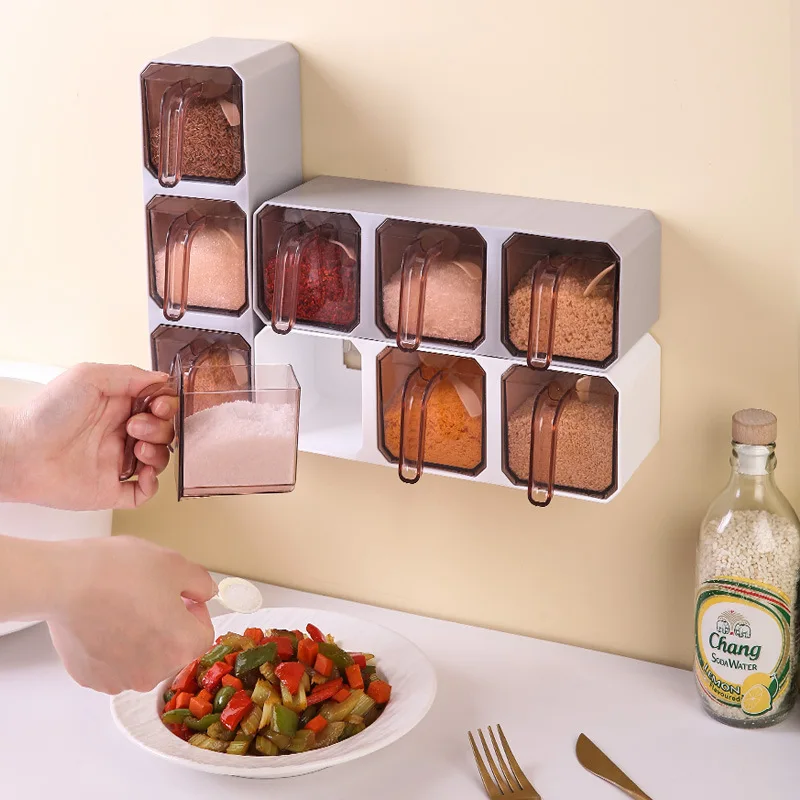 Seasoning Box Wall Mounted Kitchen Set Multifunctional Storage Box Salt Jar Msg Pepper Seasoning Storage Rack