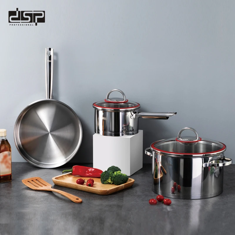 DSP Stainless steel pot set household three-piece kitchen frying soup pot combination cooking pot set