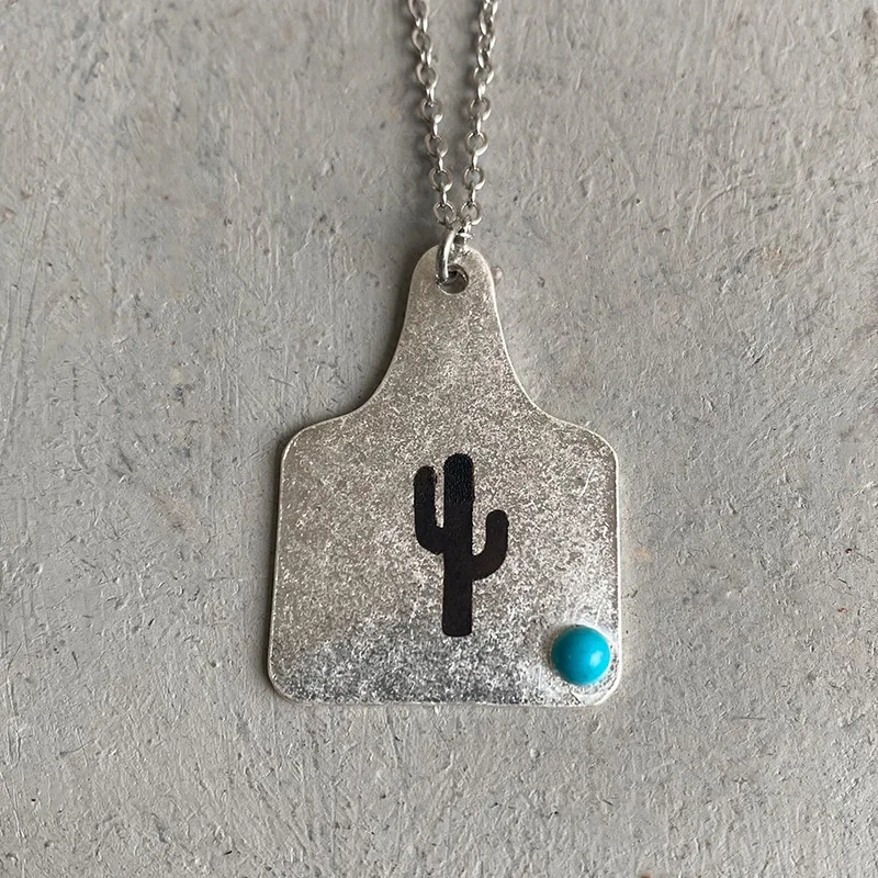 Western Cowboy Cowgirl Jewelry Buffalo Cactus Horseshoe Engraved Cow Tag Pendant Necklace With Turquoise