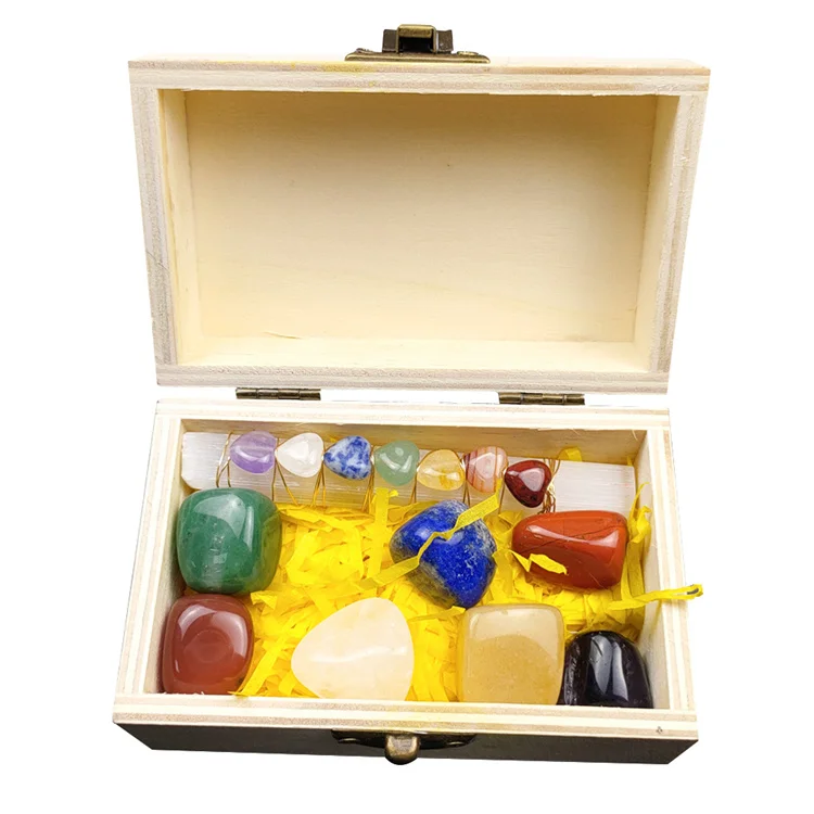 Wholesale natural crystal healing stone 7 Chakra Stones Kit chakra gemstone wooden box set charm for meditation