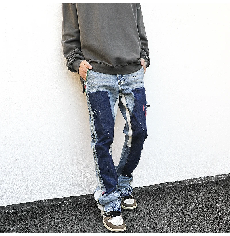 Custom Streetwear Graffiti Painting Denim Pants Vintage  American punk style Coated stacked jeans Men Flared Pants jeans for men