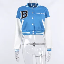 Cotton leather sleeves cropped letterman varsity jacket women custom patch fall baseball varisty wholesale for