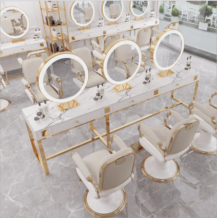 
Marble barber shop double-sided mirror hair salon studio dyeing table hair salon mirror table with light 