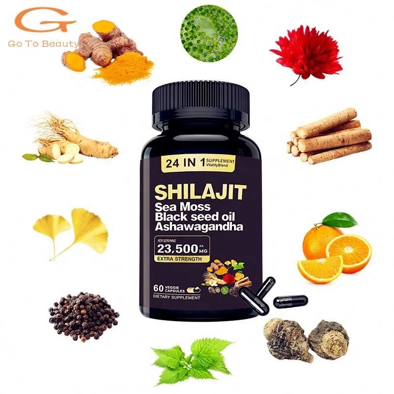 Gotobeauty OEM Hot Sale Shilajit and Seamoss Capsule Sea Moss 7000mg Black Seed Oil 4000mg Ashwagandha 2000mginger