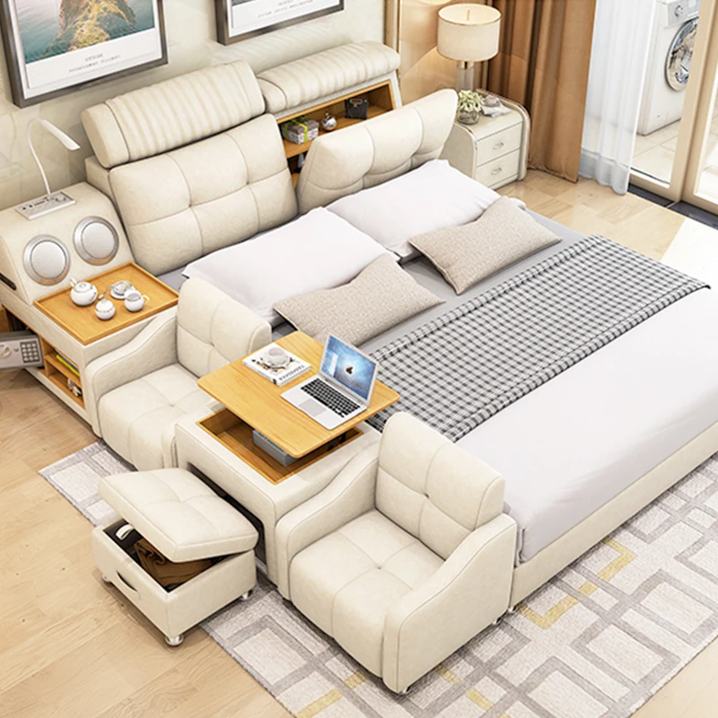 Modern Smart Single Sofa Bed Multifunctional Leather Wooden Bed