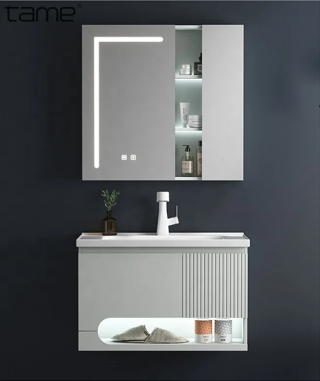 TAME TM6005-80C Sanitary Hanging Touch Led Light Wall Mirror Storage White Bathroom Vanity Cabinet