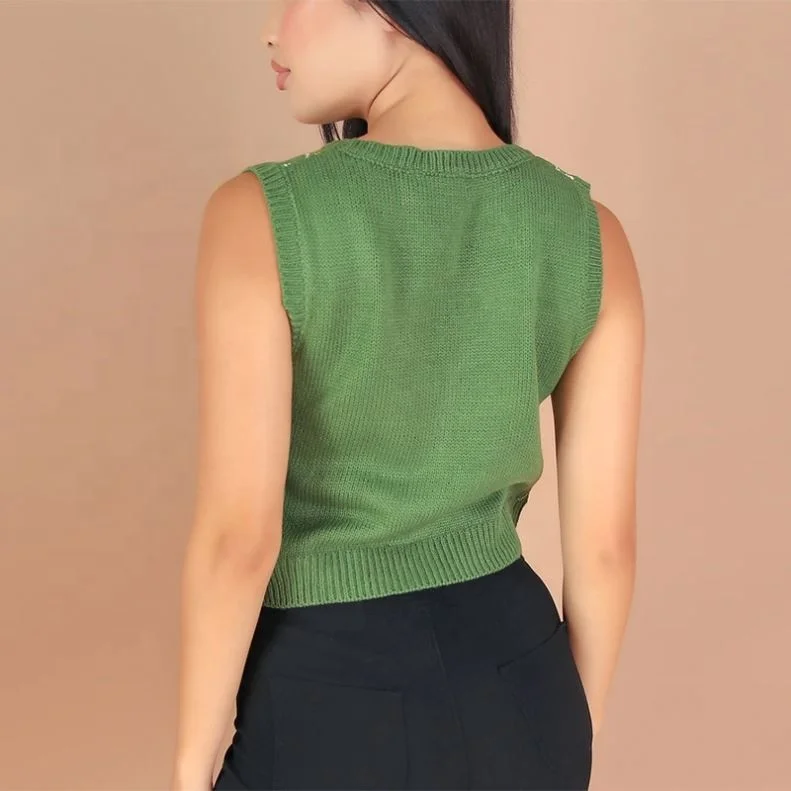 2024 SS Wholesale Customized Knitwear Checker Knit Cotton Sweaters V Neck Color Block Women Sweater Vest Cardigan