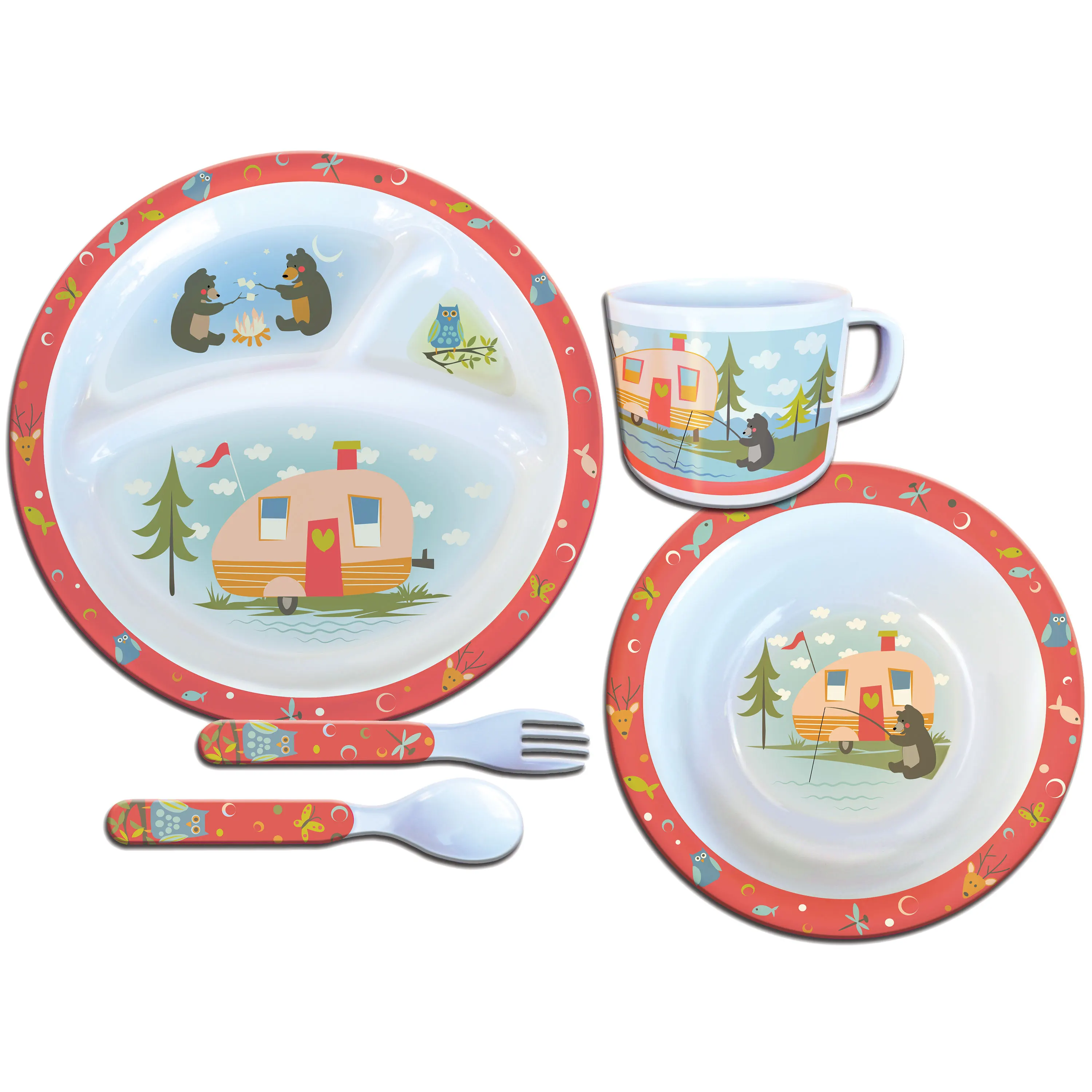 Round 3 Compartment Kids Dinnerware Melamine Dinner Set  Bamboo Cartoon Children Tableware