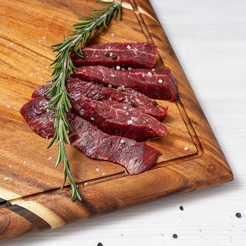 Большая контурная деревянная кухонная доска с подставкой двухсторонняя разделочная из акации канавкой для сока и 4 чаши