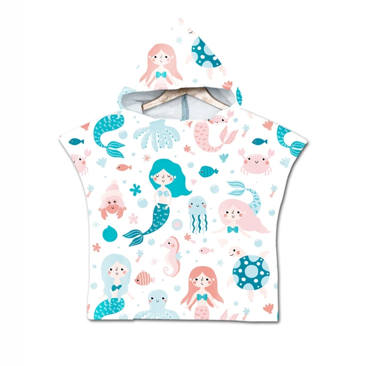 wholesale microfiber suede  digital printed beach hooded ponchos for children