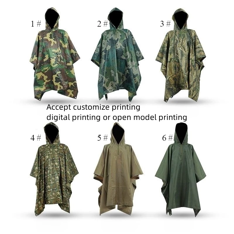Impermeable PVC Polyester Outdoor Activities Tactical Camouflage Square Cloak Poncho Rain Cape Raincoat