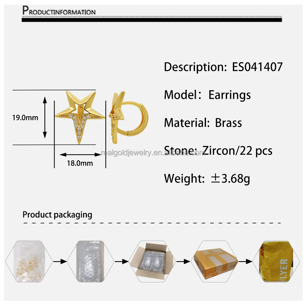 Wholesale Cute Hoops With Star Design 18K Gold Color Plated Earring Trendy Style Brass Earring Unique Design Woman Jewelry