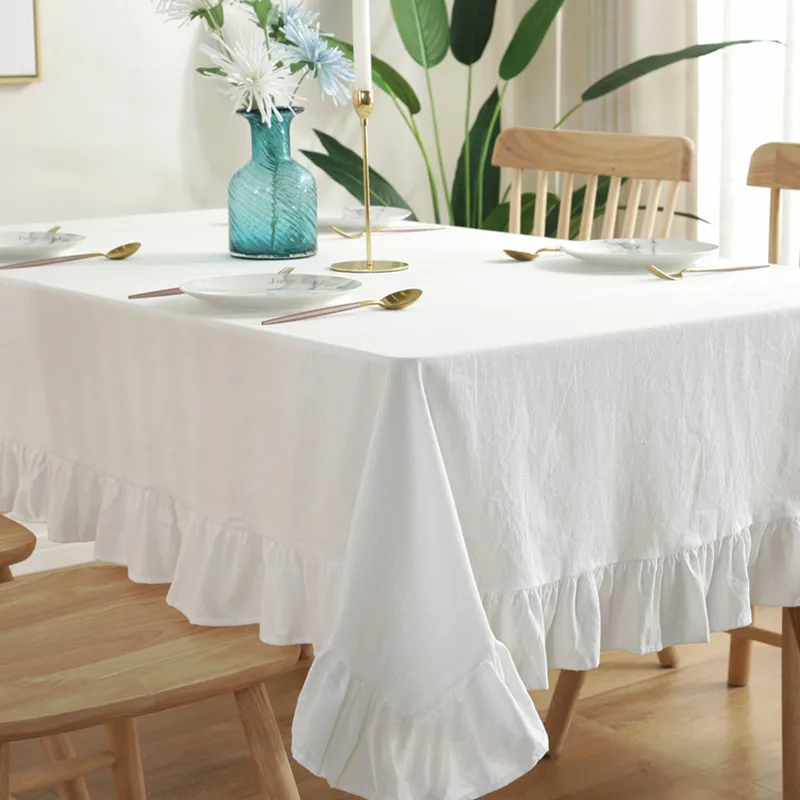 Cotton Linen Tablecloth Flounces Fabric Dust-Proof Table Cover for Kitchen Dinner Picnic Table Cloth