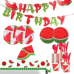 PAFU 16 pcs Watermelon Birthday Party Decorations Favors Disposable Dessert Dinnerware Plates Cups Bags Banner Set Supplies