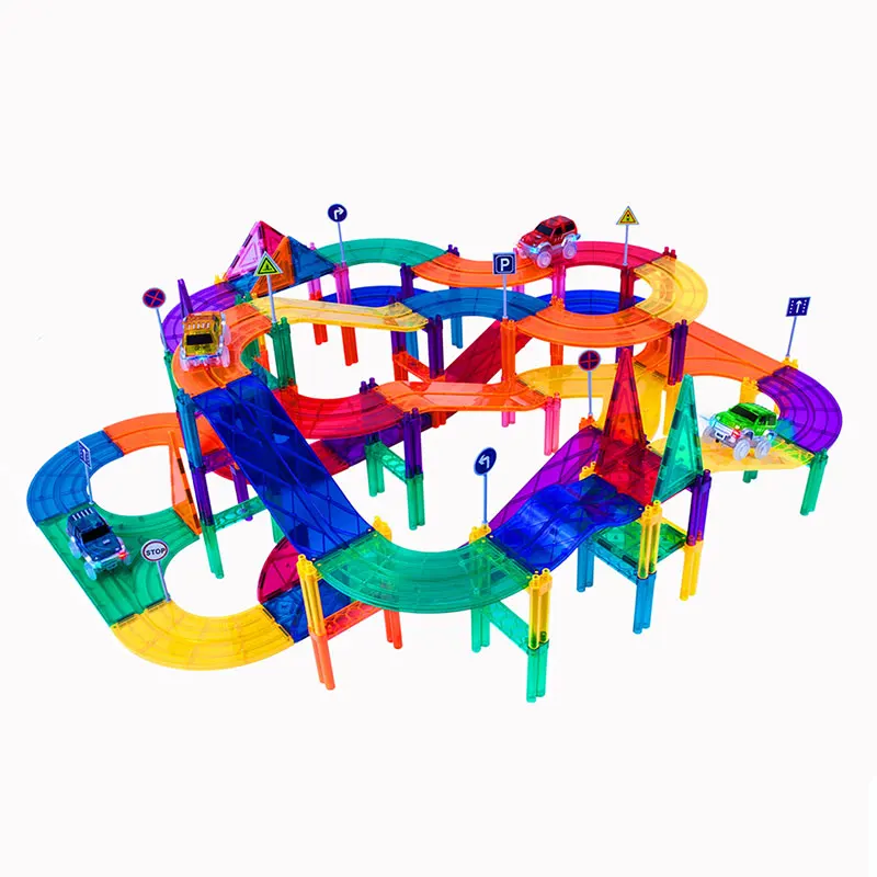 2024 Best Selling Factory Price Colorful Magnetic Tiles Set Race Track Car Magnet Building Block Toy for Kids