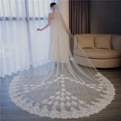 
V023 Luxury Cathedral veil For Wedding 350cm Lace Edge Bridal Veil Long lace wedding veil 