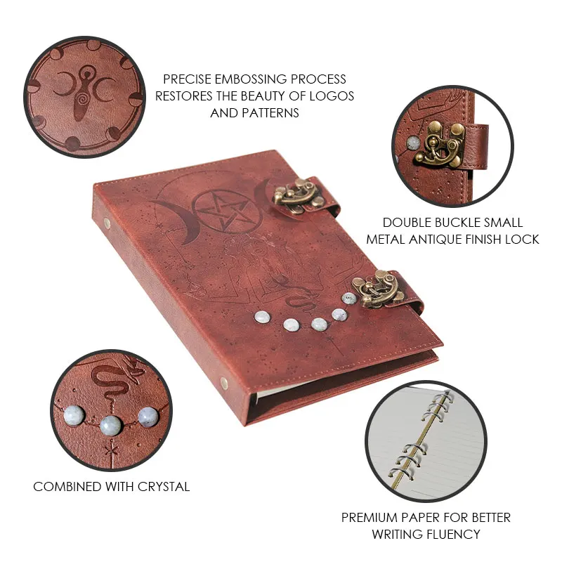 Leather notebook Handmade Brown Third Eye Stone Celtic Triple Moon Embossed Gemstones Vintage Daily Notepad Sketchbook Journal