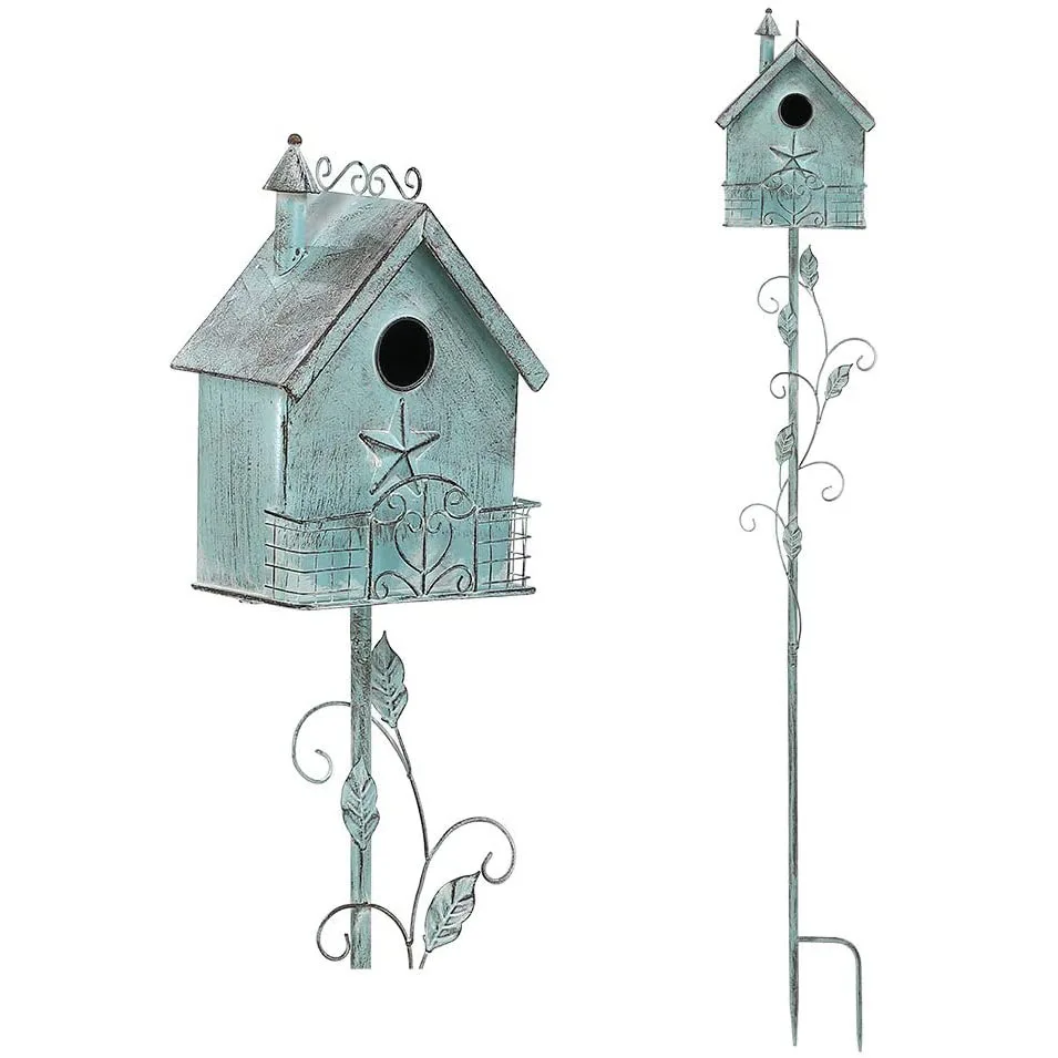 Country Cottage Bird House Stakes for Outside, Distressed Teal Metal Birdhouse with Pole Stand Decorative Outdoor Yard Art