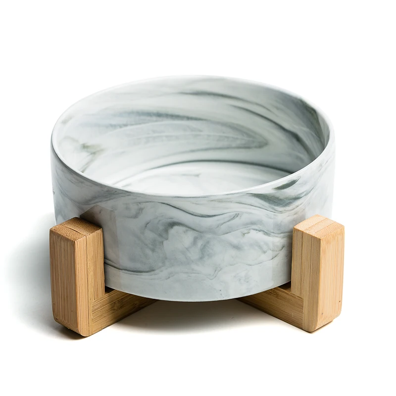 Jade-cer Wholesale Marbling Ceramic Pet Dog Cat Food And Water Bowl With Wooden Frame Stand