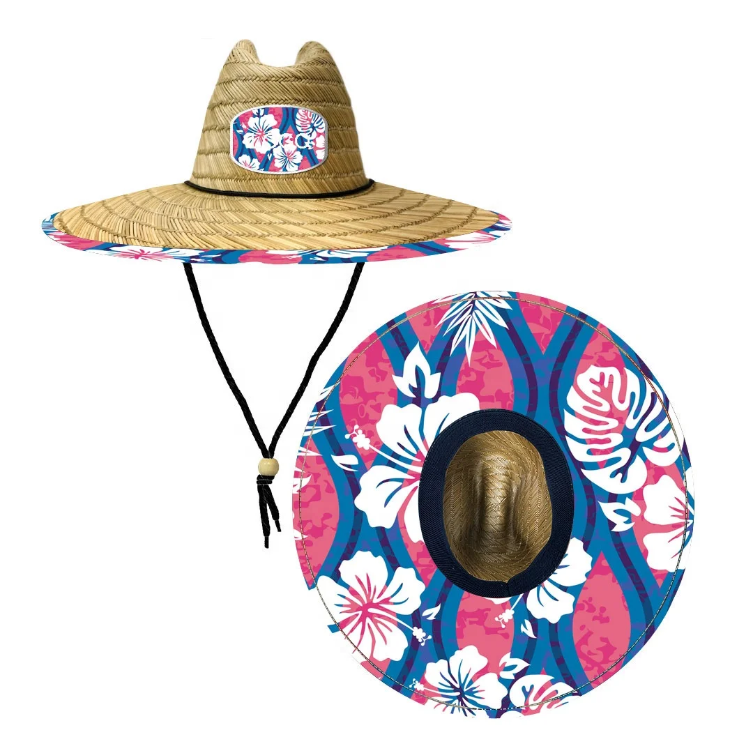 wholesale bottom print wide brim straw beach sun lifeguard weave custom logo hawaiian straw hat