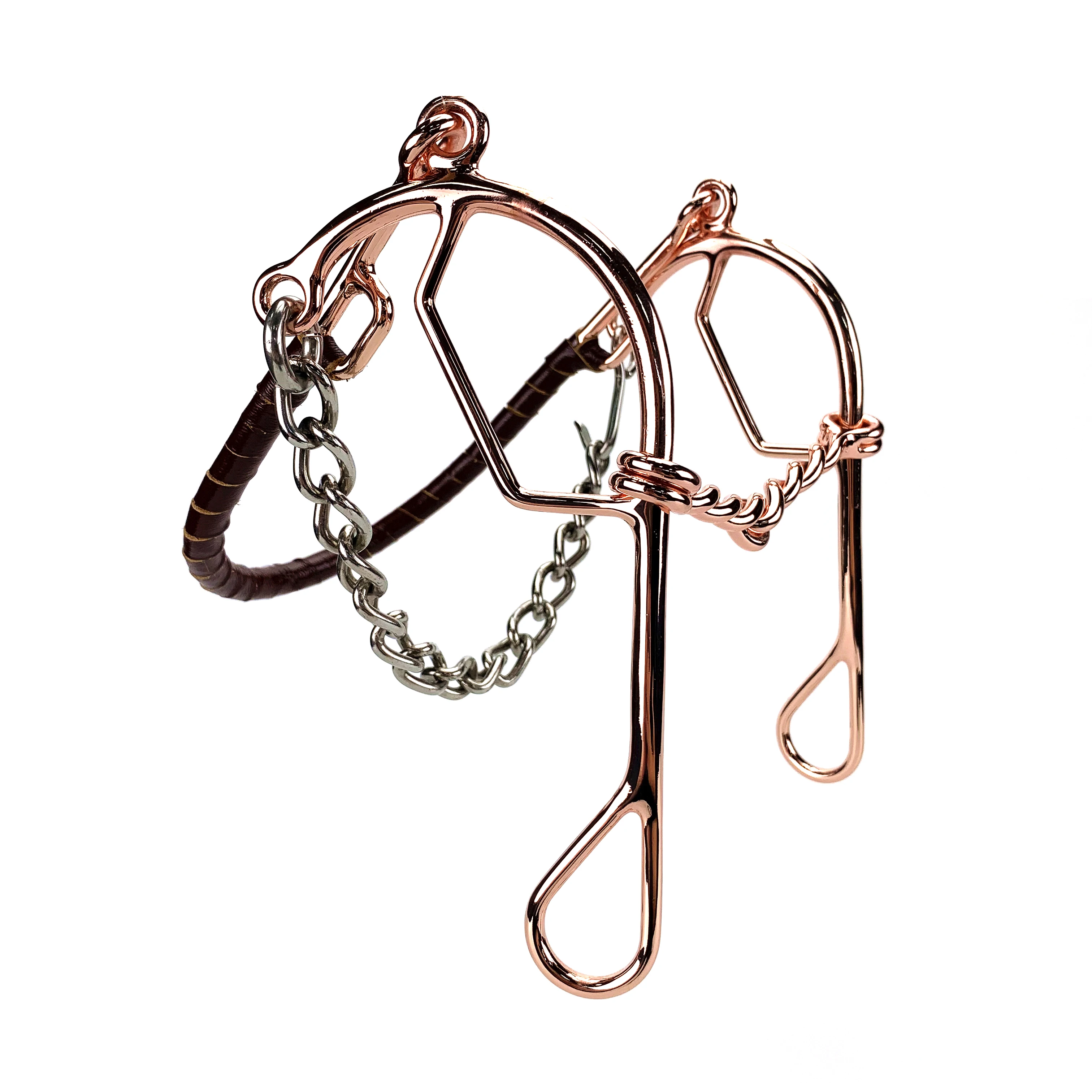 Rose Gold Hackamore Bit with Leather Wrapped Noseband & Curb Chain Mouth
