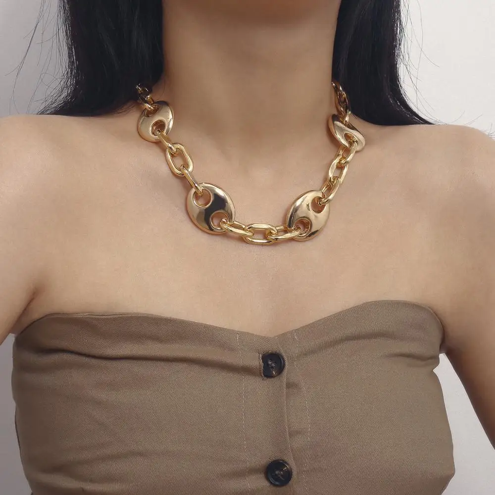handmade Pig nose buckle thick chain collar single-layer geometric gold Choker necklace