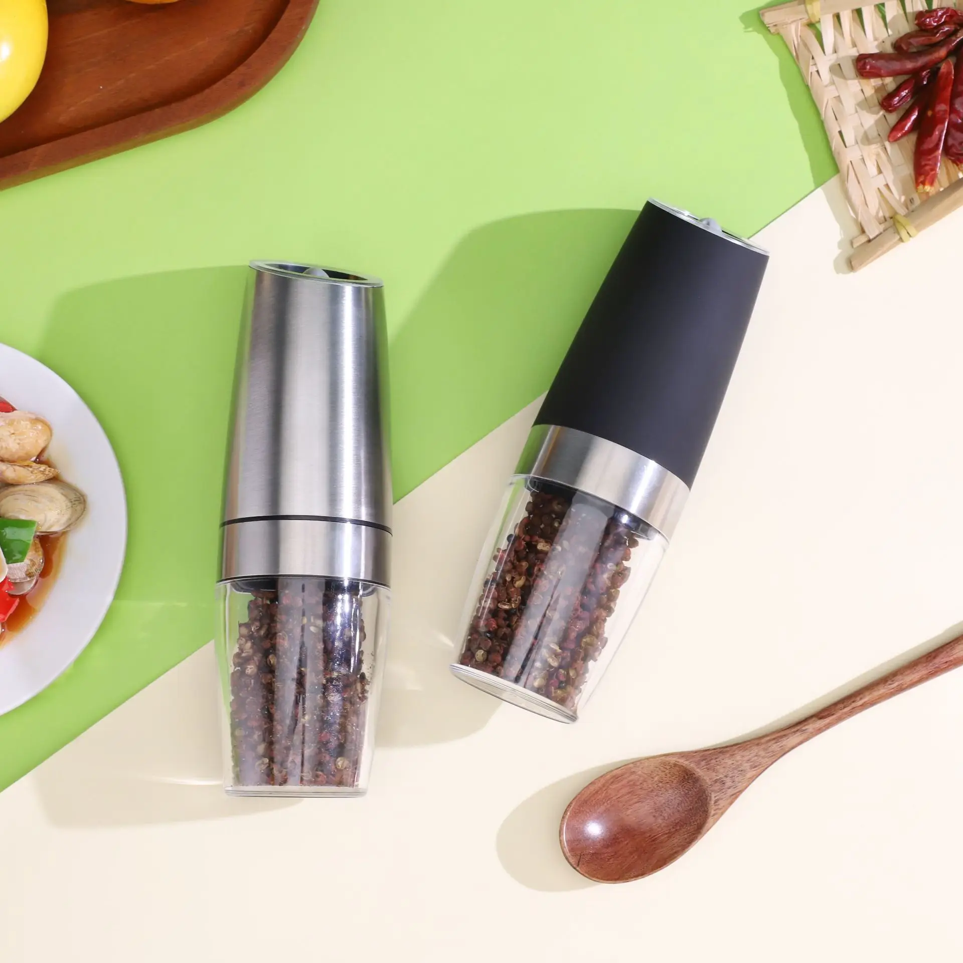 Automatic Operation Stainless Steel Gravity Electric Mill Pepper and Salt Grinder Set Silver Battery Powered with LED light