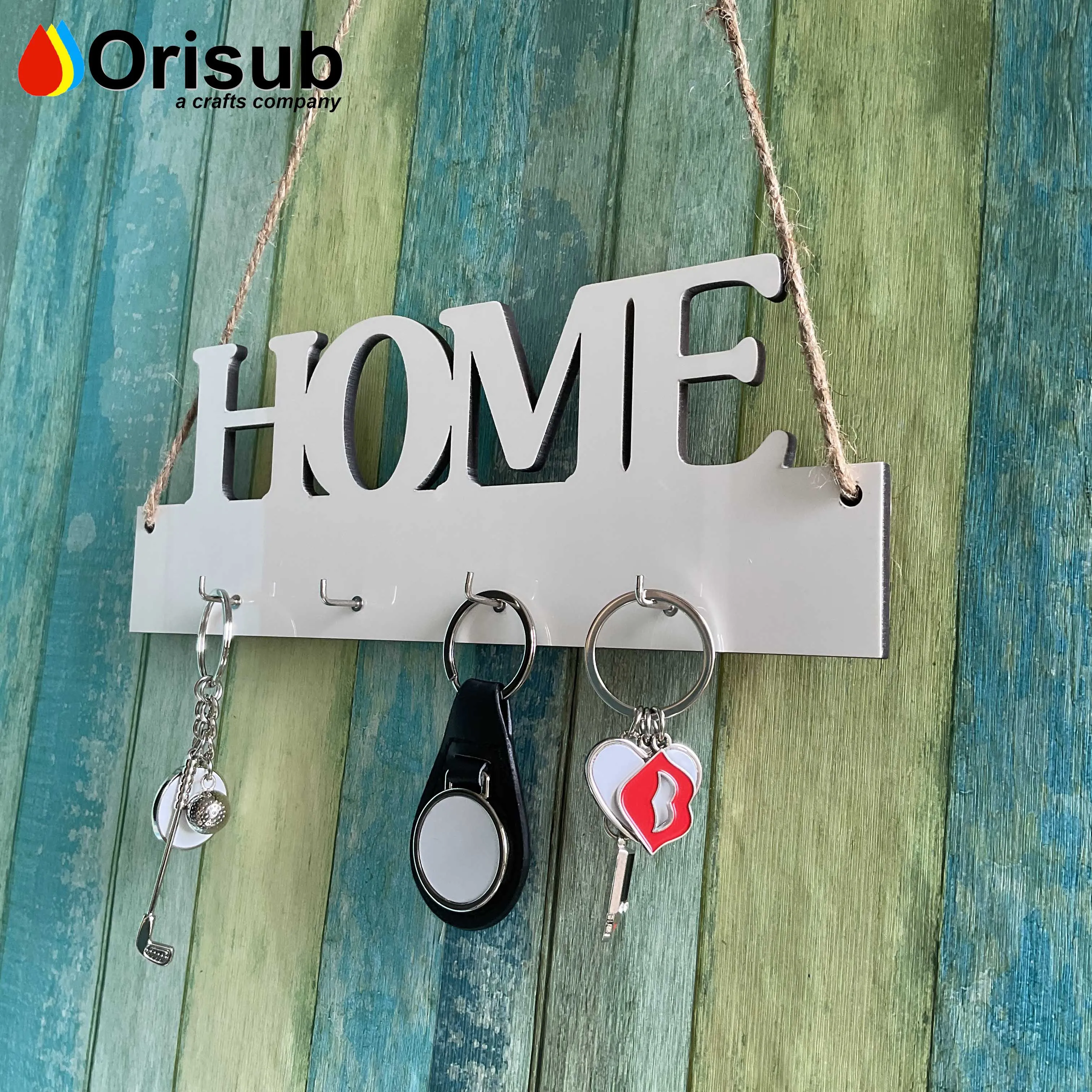 Personalized white MDF sublimation HOME key holder with 4 hooks