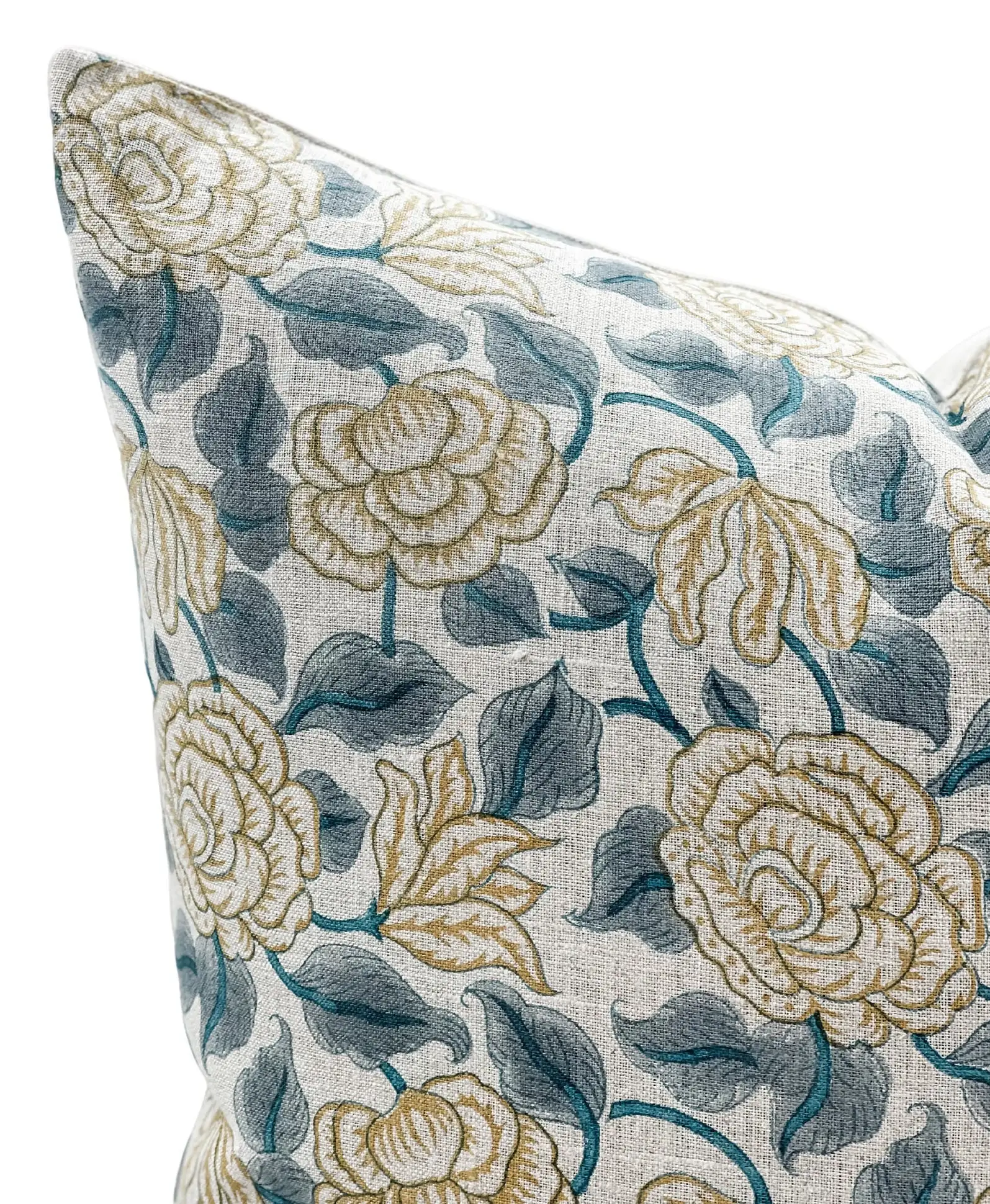 Custom Boho Throw Printed Floral Teal Blue With Mustard On Natural Linen Pillow Cover Cushion Covers Decorative Home