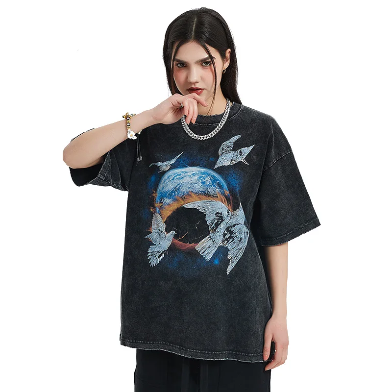 250gsm Casual Vintage Style Blank  Batik Solid Color Loose Short Sleeves Tshirt 100% Cotton Vintage Unisex Graphic T Shirt Man