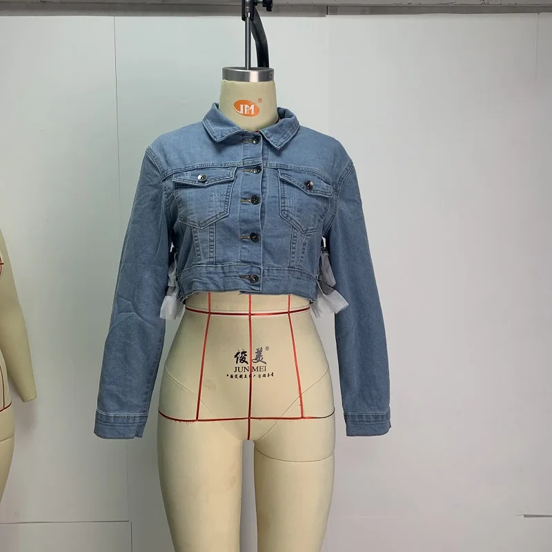 XLL 2021 s-3xl denim blue jeans outfits long sleeve creativity cake mesh slim fitted winter fall crop patchwork jacket women