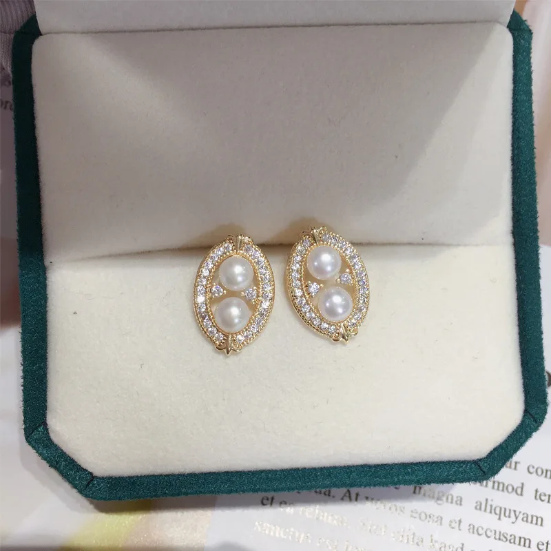 French Style 925 Sterling Sliver Needle Double Real Fresh Water Pearl Vintage Zircon Diamond Oval Studs Earrings For Women