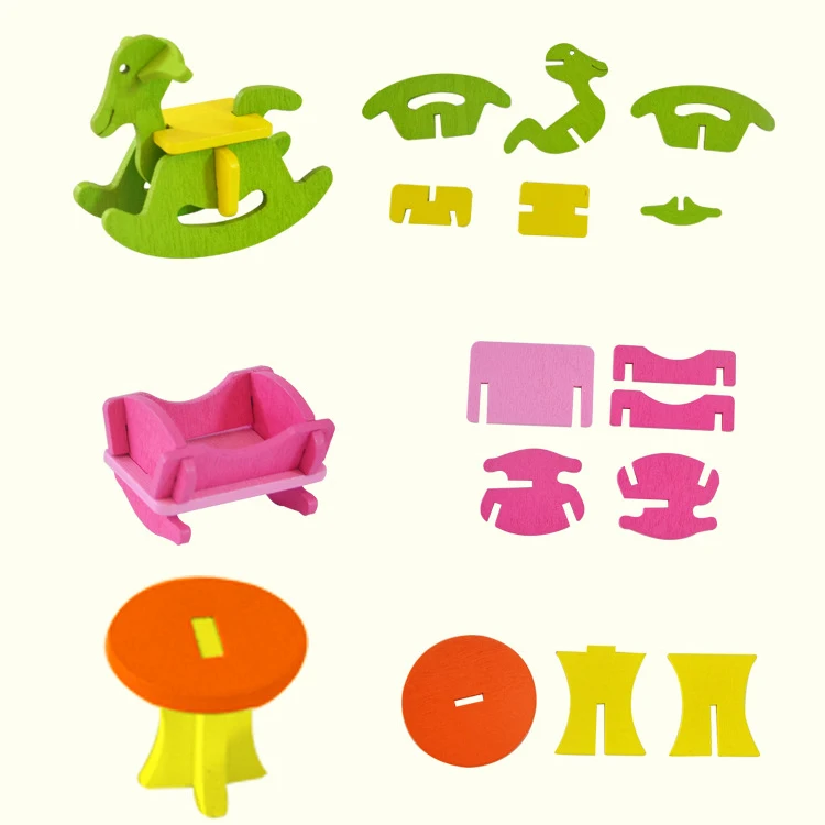 Kids Jigsaw Puzzle Wooden Furniture Educational Pretend Toy Sets with Glue For Children Birthday Gifts Finger Exercise Wood