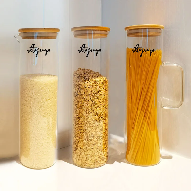 Large capacity glass storage jar custom kitchen glass food storage container glass spice jar with bamboo lids for Spaghetti