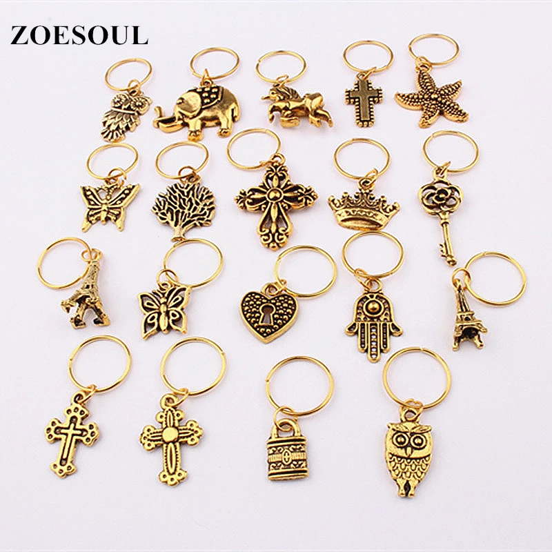 
Golden Butterfly Elephant Cross Leaves Charms Pendant Hair Ring bead For African Hair Accessory 