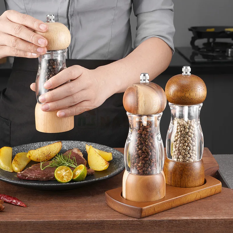 Factory Price  kitchen supplies wooden manual pepper grinder spice mill salt and pepper grinder set pepper mill for kitchen