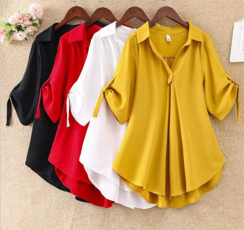 2021 summer plus size mid-length-sleeved loose waist slimming chiffon blouse women