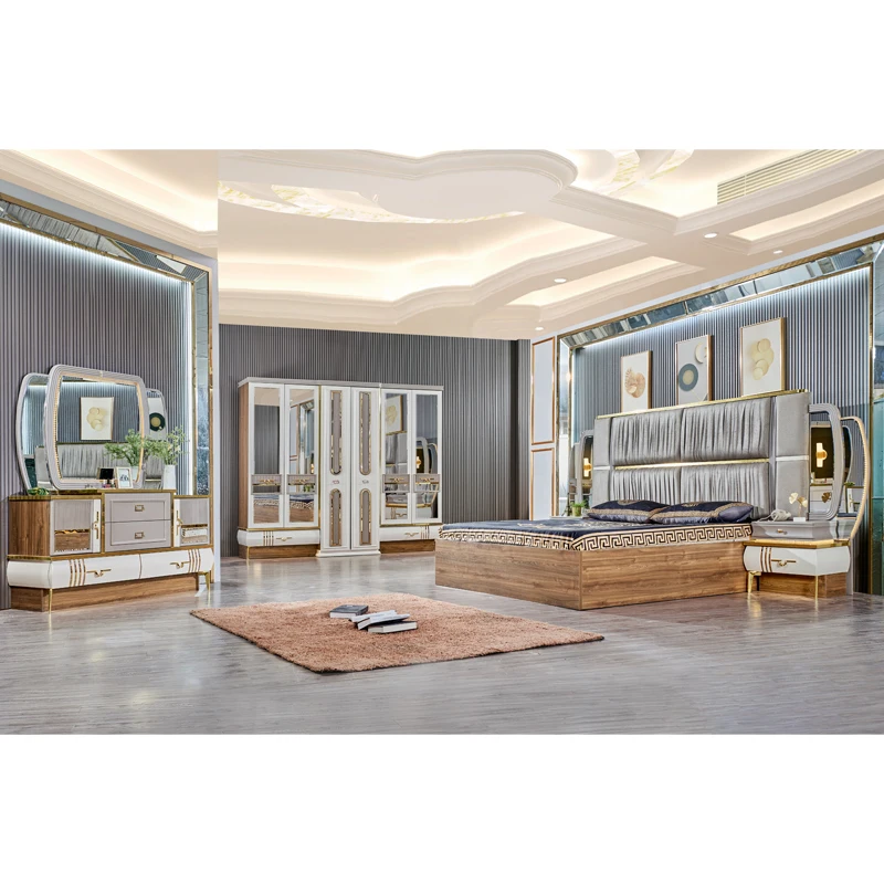 Classic Royal Wood Frame King Size Double Bed Set Modern Villa Home Wooden Mdf Queen Full King Size Bedroom Sets Furniture