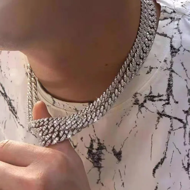 925 Silver 10mm 6mm Wide Hip hop Cuban Chain Free Fire Moissanite Diamond Single row necklace link chain