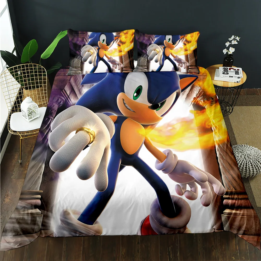 Polyester 3D cartoon sonic duvet cover bed sheet family size anime bedding series