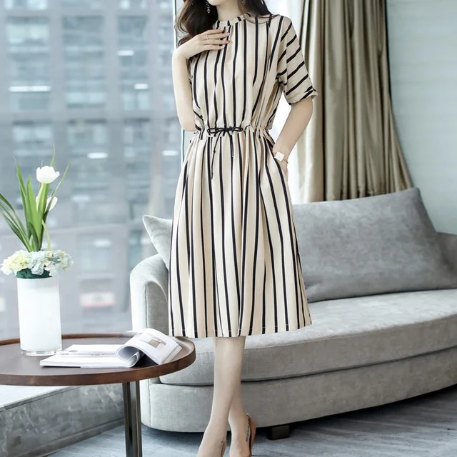 Wholesale Summer Fashion Vertical Drawstring Waist Women Elegant Midi Striped Dress In Stock