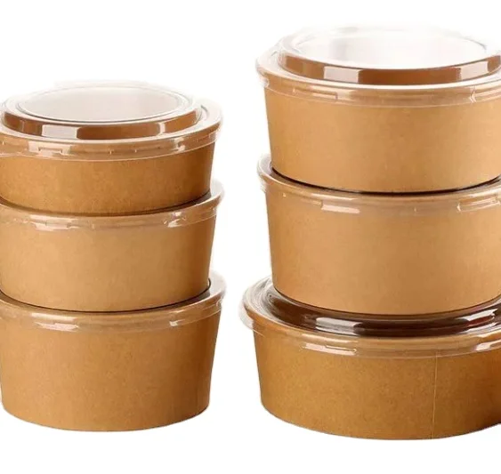 Disposable Food Grade Take Away Kraft Paper Salad Bowl With Pet Lid
