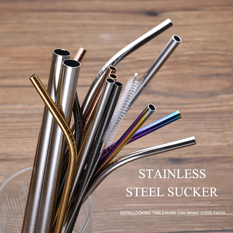 304 Stainless Steel Straw Custom Logo Reusable Bar Accessories Set of Wine Metal Drinking Straws with Bag for Drinks
