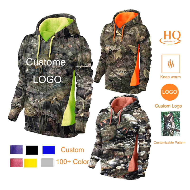 Custom High Quality Sublimation Pattern Protection Long sleeve fish shirts Custom logo Fishing Wear  Fleece Warm Fishing Hoodie